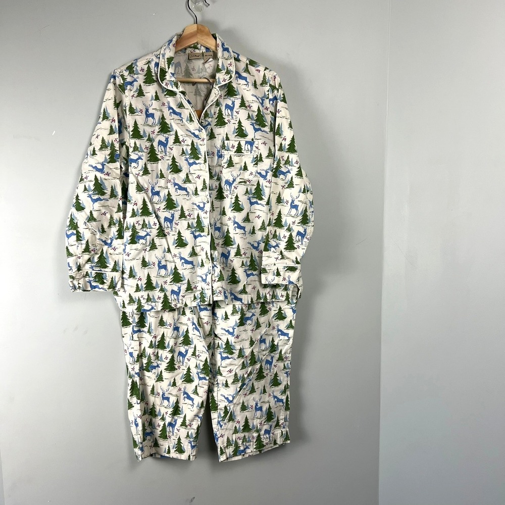 Vtg LL Bean Flannel Pajama Set Womens L Reindeer Pine Tree Cotton Cabin Lodge